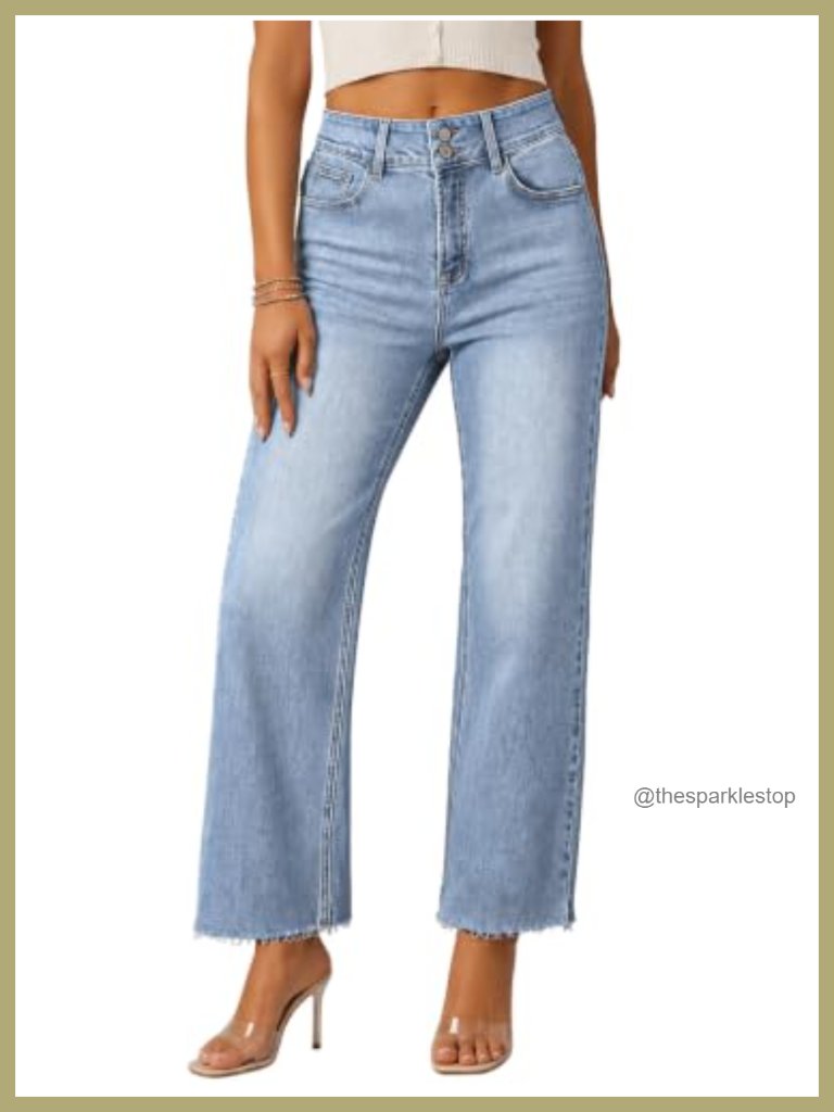 High Waist Straight Leg Cropped Jeans With Double Button And Frayed Raw Hem